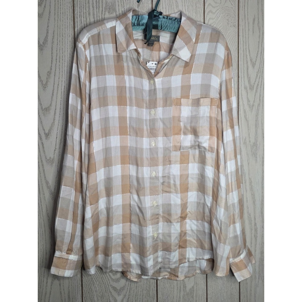 Style & Co. NWT Tan Plaid Button Down Shirt Metallic Silver Threading Size XL